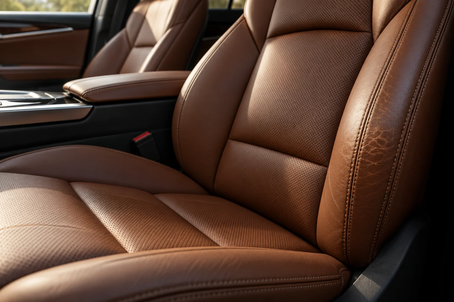 AI-created editorial illustration: Detailed close view of the saddle-brown leather front seat in an unbranded luxury car, a small area of natural wear on the outer bolster, realistic leather grain and soft side light.