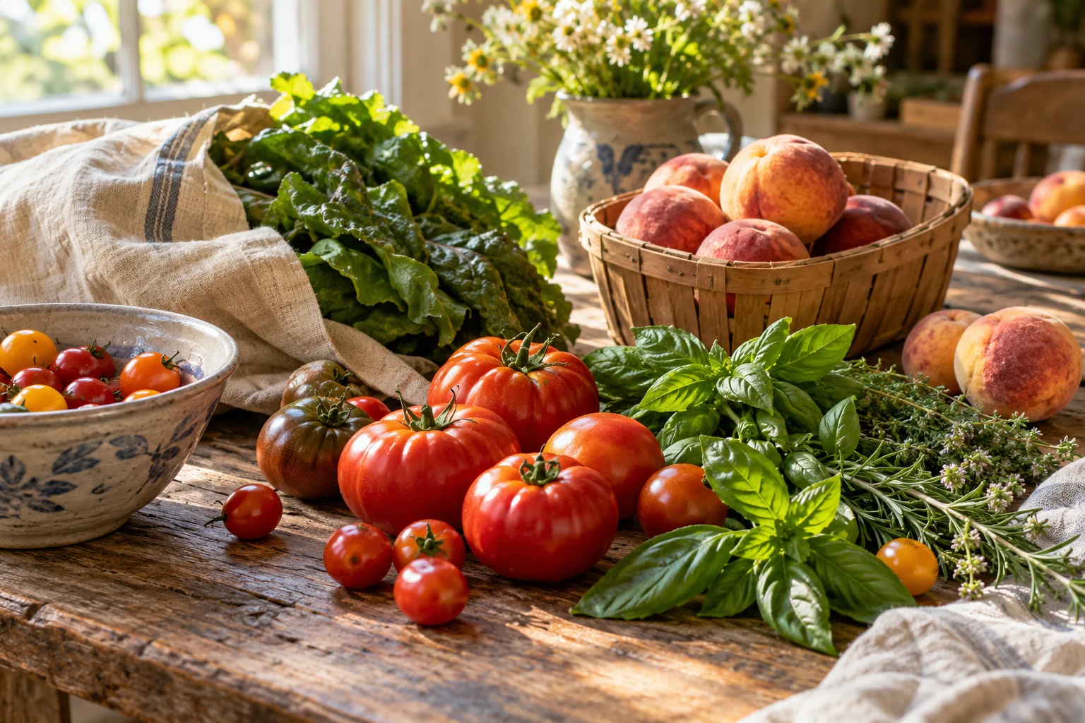 AI-created illustration of tomatoes, herbs and peaches on a sunlit kitchen table.